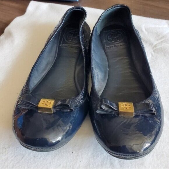 Tory Burch Eddie Ballet Bow Blue Patent Leather Flats Size 8 - Picture 2 of 11